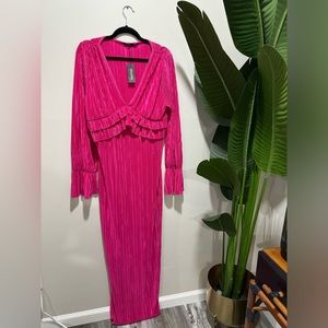 Boohoo Plisse Ruffle Maxi Dress Magenta